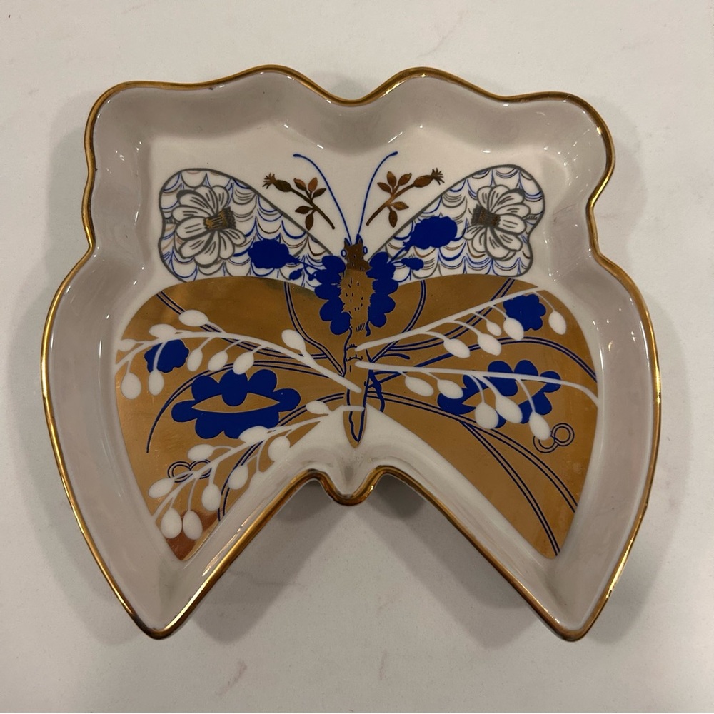 Anthropologie Lauren McIntosh Butterfly Trinket Dish Gold Trim Hand Painted